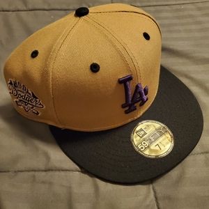 LA DODGERS NEW ERA 59FIFTY HAT 7 1/2 2 TONE TAN/BLACK W PURPLE UV